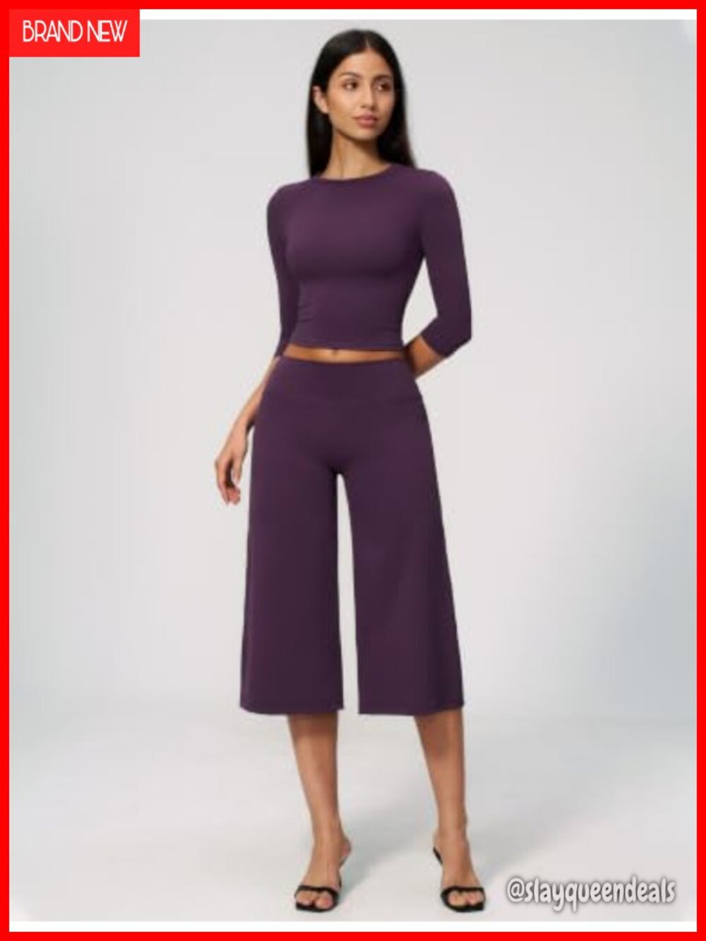 Women's Two Piece Workout Set 3/4 Sleeve Top Wide Leg Capri Pants Gym - Picture 4 of 6